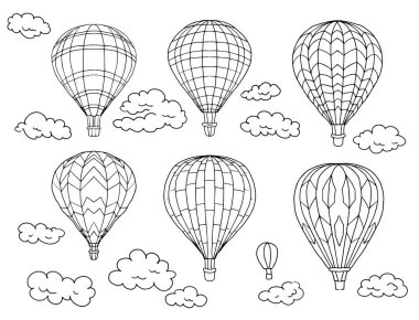 Balonlar seyahat eder gökyüzü taşımacılığı grafikleri el çizimi bulutlar doğa rüyalarının hafifliği beyaz zemin üzerinde