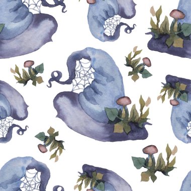 Cadı şapkası suluboya el çizimi orman peri masalı mantarları ve beyaz arka planda ayrı ayrı cadılık büyüsü bırakır.