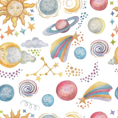 Güneş Ay gezegenleri takımyıldızları suluboya el beyaz bir arka plan Venüs uzay sihirli burç sembolü üzerine çizilmiş.