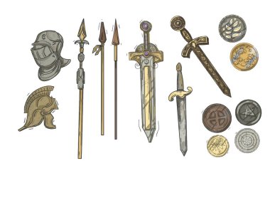 Şövalyeler tarih miğferi mızrak kılıç tarot okültizmi sihirli ruhanilik sembolleri beyaz arka planda çizilmiş el gözlüğü kadehleri