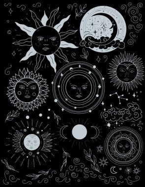 Güneş grafikleri astrolojiyi simgeler. Tarot, tarot, şirin renkli dövme. Beyaz arka plan yıldızları uzay teleskopu.