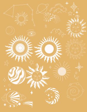 Güneş grafikleri astrolojiyi simgeler. Tarot, tarot, şirin renkli dövme. Beyaz arka plan yıldızları uzay teleskopu.