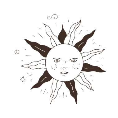 Güneş grafikleri astrolojiyi simgeler. Tarot, tarot, şirin renkli dövme. Beyaz arka plan yıldızları uzay teleskopu.