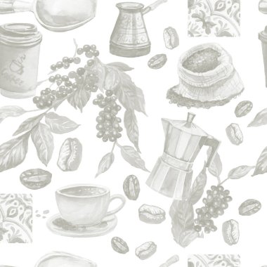 Coffee grains branch with leaves hand drawn cappuccino morning Americano cup tile Italian watercolor set