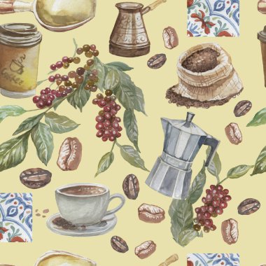 Coffee grains branch with leaves hand drawn cappuccino morning Americano cup tile Italian watercolor set