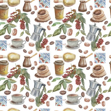 Coffee grains branch with leaves hand drawn cappuccino morning Americano cup tile Italian watercolor set