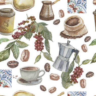 Coffee grains branch with leaves hand drawn cappuccino morning Americano cup tile Italian watercolor set