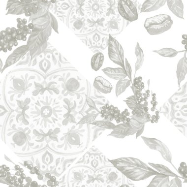 Coffee grains branch with leaves hand drawn cappuccino morning Americano cup tile Italian watercolor set