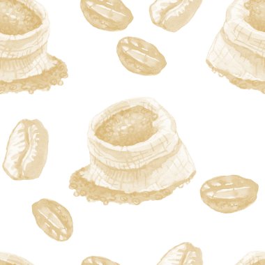 Coffee grains branch with leaves hand drawn cappuccino morning Americano cup tile Italian watercolor set