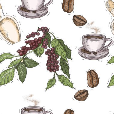 Coffee grains branch with leaves hand drawn cappuccino morning Americano cup tile Italian watercolor set