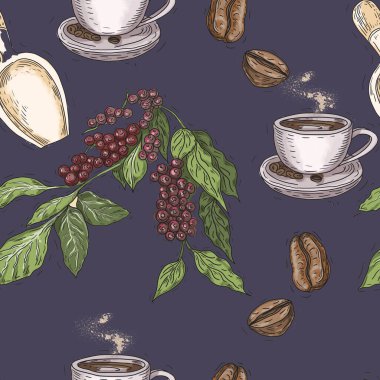 Coffee grains branch with leaves hand drawn cappuccino morning Americano cup tile Italian watercolor set