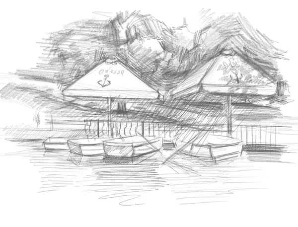 peyzaj kentsel dinlenme şemsiyeleri kalem darbeleriyle çizilmiş grafikler eski moda park tekneleri göleti yansıması