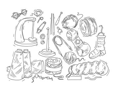 Örgü topları yün pamuklar yün iplik örgüsü örgü örgüsü el çizimi.