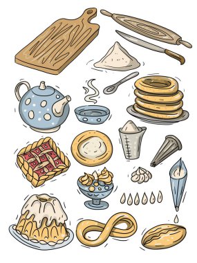 Easter cakes baking tea dishes easter holiday tea party set hand drawn cartoon style clipart flour cooking cooking confectionery cream
