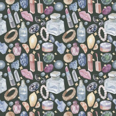 Parfüm modası ve kozmetik el yapımı suluboya çizimi, mücevher, pahalı ruj, rimel ve bilezik.