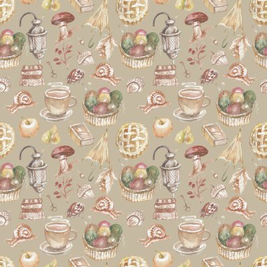 Sonbahar sıcacık giysileri mantar yaprakları balkabağı turtası elle çizilmiş suluboya çizimi