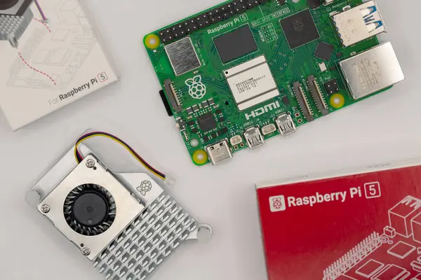 Kırmızı zemin üzerinde ahududu Pi 5 'in yakın plan detayları