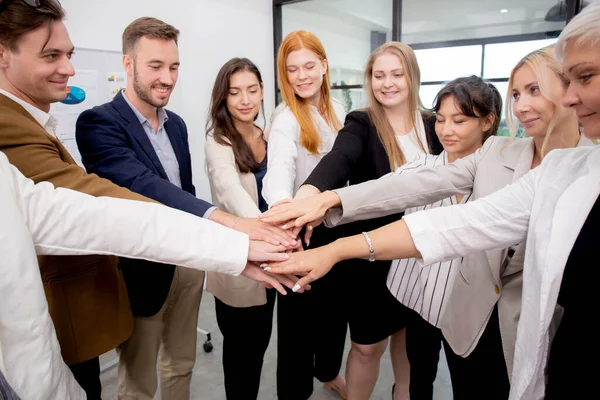 Group of business team harmonious with man and woman joining hands stack together in enterprise for victory and success, teamwork of partnership with meeting and cheering for achievement.