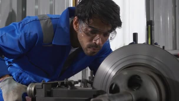 Young Man Sanding Iron Industrial Factory Mechanic Working Job While — Vídeo de Stock
