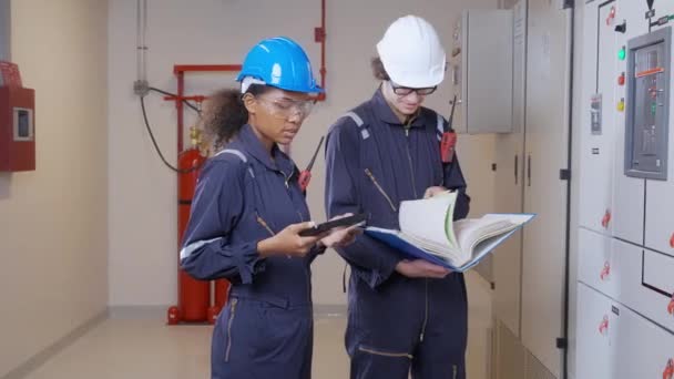 Electrical Young Woman Man Engineer Examining Maintenance Cabinet System Electric — Stok video