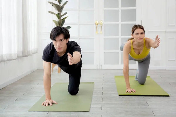 Young woman and man practicing workout with posing plank while stretching hands and leg on mat at home, female and male doing weight training with strength and strong, two people, sport concept.