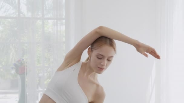Beautiful Young Woman Workout Warmup Stretch Muscle Arm Hands Home — Video