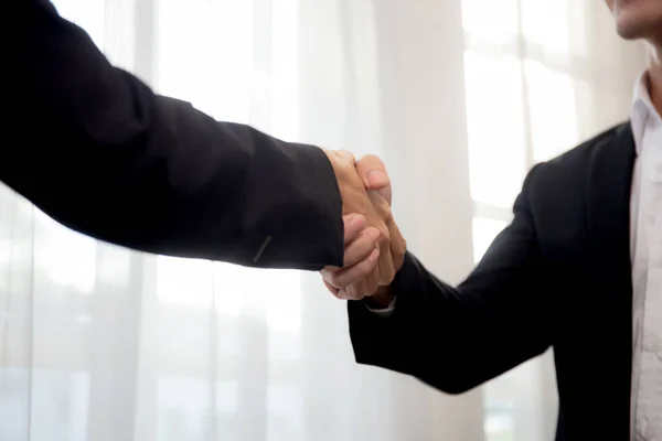 Closeup Hand Business Man Woman Standing Shake Hands While Agreement — Stock Photo, Image