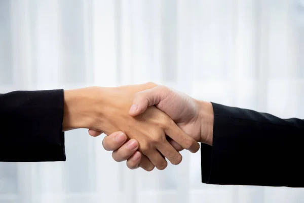 Closeup Hand Business Man Woman Standing Shake Hands While Agreement — Stock Photo, Image