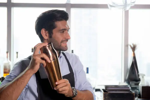 Young Caucasian Man Bartender Holding Shaker Mixing Beverage Preparation Serving — Stock Photo, Image