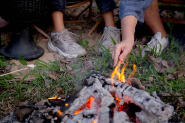 Closeup hands of friends grilling marshmallow on bonfire in camping, picnic in campfire, group friends party and relax together in vacations.