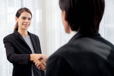 Mutlu iş adamı ve kadın ayaktayken ve tokalaşırken müzakere anlaşması başarıyla sonuçlanırken ve ofiste tebrik ederken, iş adamı ve ortakların el sıkışırken birlikte selamlaşırken, iş kavramı.