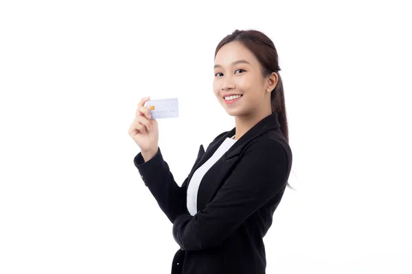 Porträt Schöne Junge Asiatische Geschäftsfrau Halten Kredit Oder Debitkarte Zum — Stockfoto