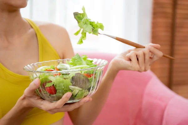 Closeup Hands Woman Holding Salad Vegetable Bowl Eating Lettuce Living — Fotografia de Stock