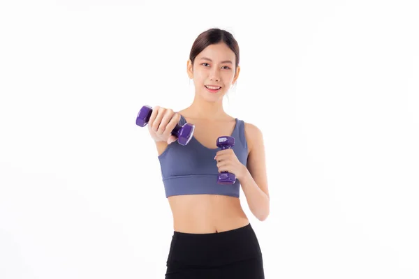 Portrait Beautiful Young Asian Woman Lifting Dumbbell Punch Isolated White — Stock Photo, Image