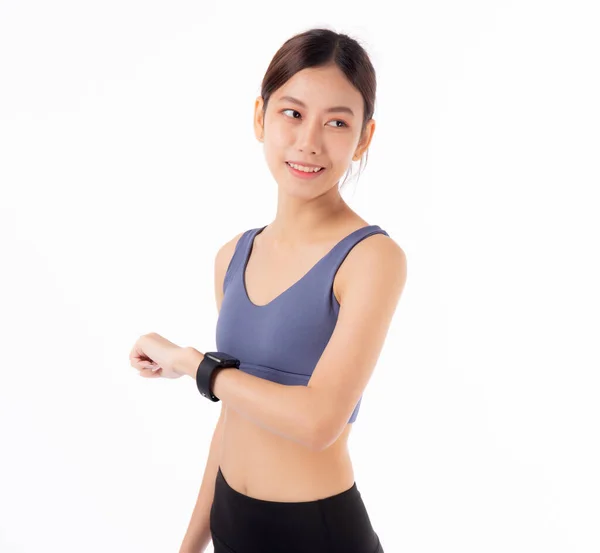 Счастливая Молодая Женщина Ищущая Умные Часы Физических Упражнений Гимнастики Кардио — стоковое фото