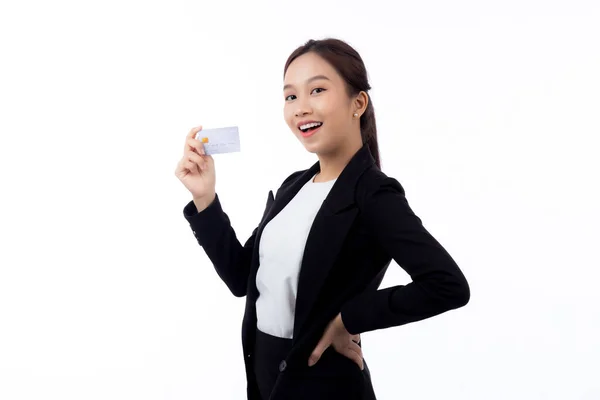 Porträt Schöne Junge Asiatische Geschäftsfrau Halten Kredit Oder Debitkarte Zum — Stockfoto