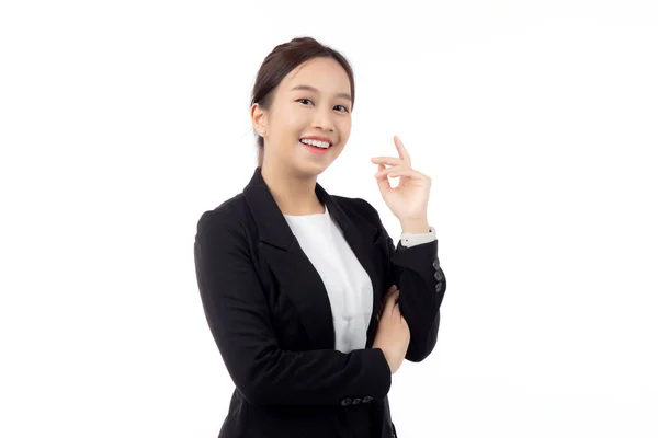 Portrait Beautiful Businesswoman Suit Arms Crossed Standing Isolated White Background — Stock Photo, Image