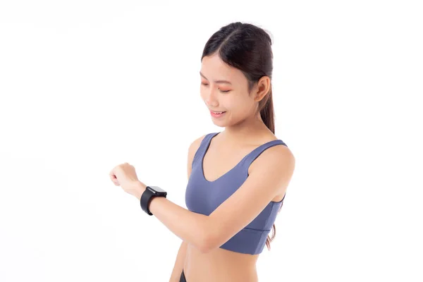 Felice Giovane Donna Asiatica Cercando Smartwatch Esercizio Fisico Aerobica Con — Foto Stock