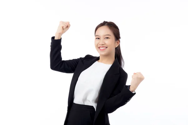 Portrait Beautiful Businesswoman Suit Standing Glad Success Isolated White Background — Stock Photo, Image