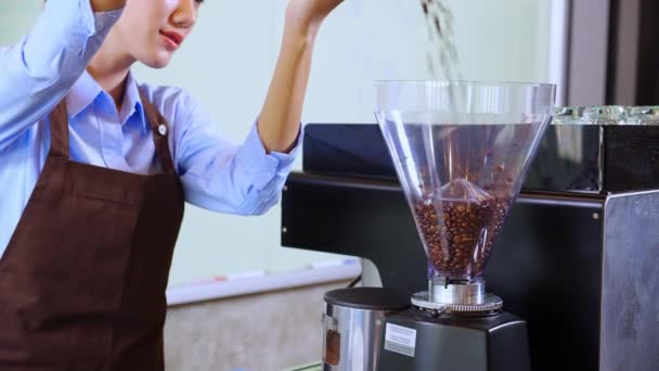 Νεαρή Ασιάτισσα Μπαρίστα Ρίχνει Κόκκους Καφέ Ψημένο Για Την Παρασκευή — Αρχείο Βίντεο