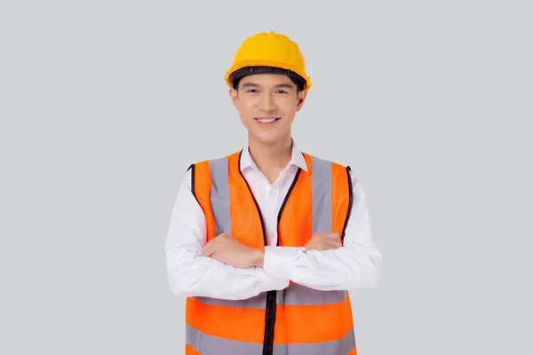 Retrato Engenheiro Jovem Asiático Homem Vestindo Capacete Sorrindo Com Confiante — Fotografia de Stock