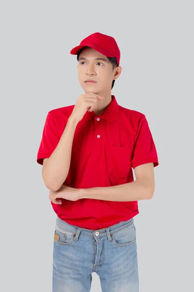 Young Asian Man Uniform Red Cap Standing Thinking Idea Isolated — Fotografia de Stock
