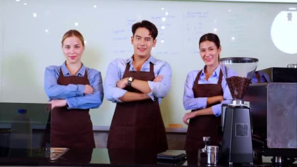 Portrait Barista Team Standing Smile Proud Together Small Business Cafe — Stock Video