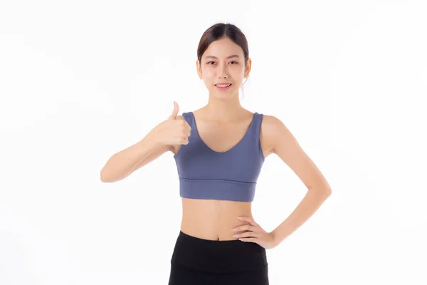 Portret Mooie Jonge Aziatische Vrouw Sportwear Glimlach Duimen Omhoog Geïsoleerd — Stockfoto