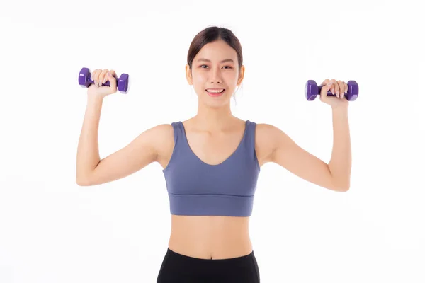 Portrait Beautiful Young Asian Woman Lifting Dumbbell Isolated White Background — Stock Photo, Image