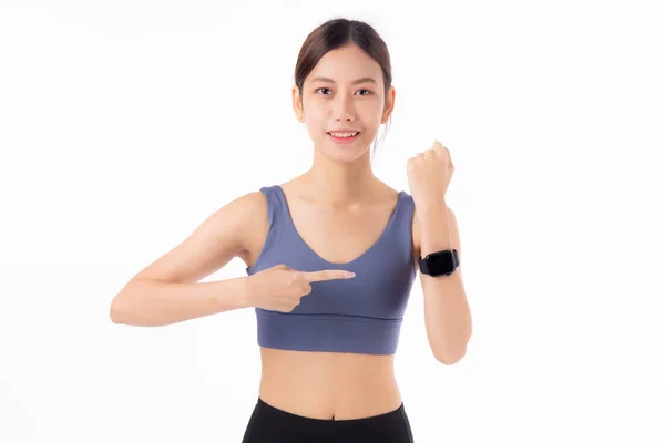 Glückliche Junge Asiatische Frau Sucht Und Zeigt Smartwatch Für Bewegung — Stockfoto
