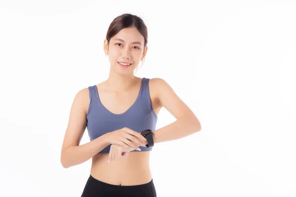 Glückliche Junge Asiatische Frau Sucht Smartwatch Für Sport Und Aerobic — Stockfoto