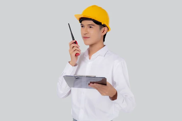Portrait Young Asian Man Engineer Wearing Helmet Standing Using Radio — Photo