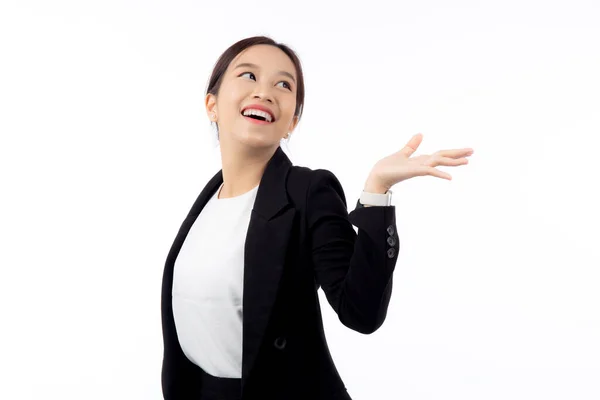 Porträt Junge Asiatische Geschäftsfrau Die Isoliert Auf Weißem Hintergrund Präsentiert — Stockfoto