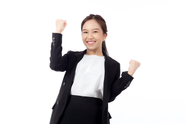Portrait Beautiful Businesswoman Suit Standing Glad Success Isolated White Background — Stock Photo, Image